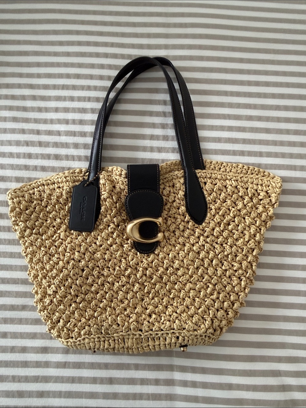 Coach Beige Straw Tote with Black Leather Handles and Gold 'C' Accent